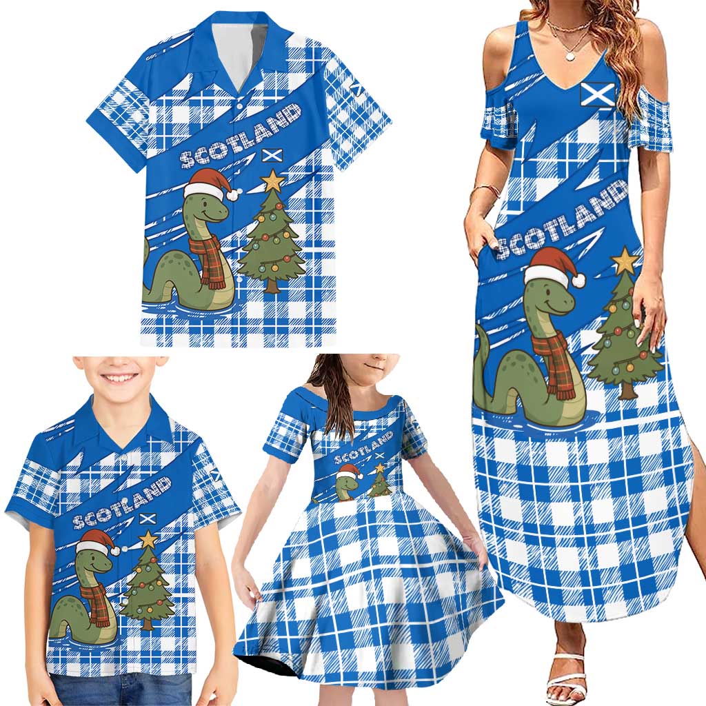 Scotland Christmas Family Matching Summer Maxi Dress and Hawaiian Shirt with Nessie Santa Hat and Blue Tartan Tree - Wonder Print Shop