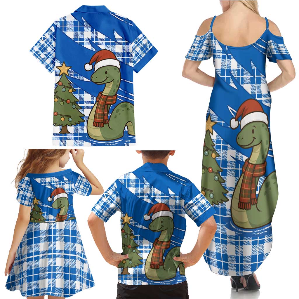 Scotland Christmas Family Matching Summer Maxi Dress and Hawaiian Shirt with Nessie Santa Hat and Blue Tartan Tree - Wonder Print Shop