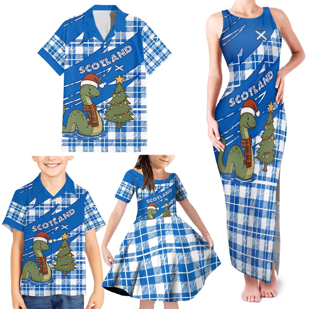 Scotland Christmas Family Matching Tank Maxi Dress and Hawaiian Shirt with Nessie Santa Hat and Blue Tartan Tree - Wonder Print Shop