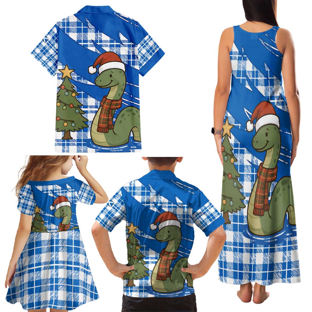 Scotland Christmas Family Matching Tank Maxi Dress and Hawaiian Shirt with Nessie Santa Hat and Blue Tartan Tree - Wonder Print Shop