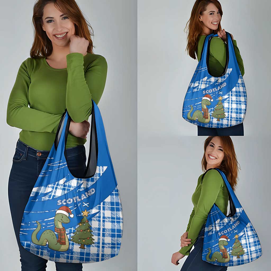 Scotland Christmas Grocery Bag with Nessie Santa Hat and Blue Tartan Tree - Wonder Print Shop