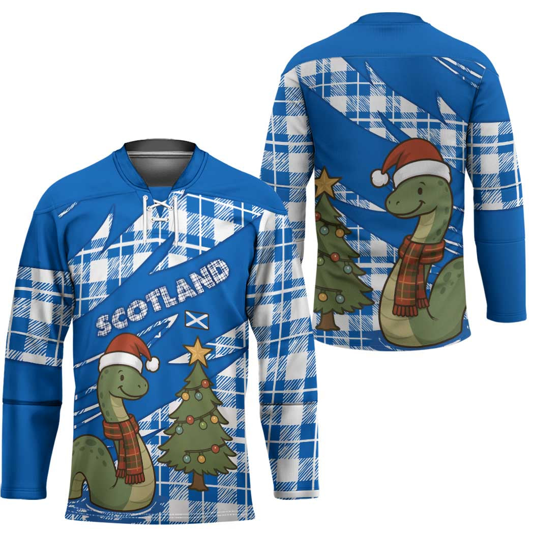 Scotland Christmas Hockey Jersey with Nessie Santa Hat and Blue Tartan Tree - Wonder Print Shop