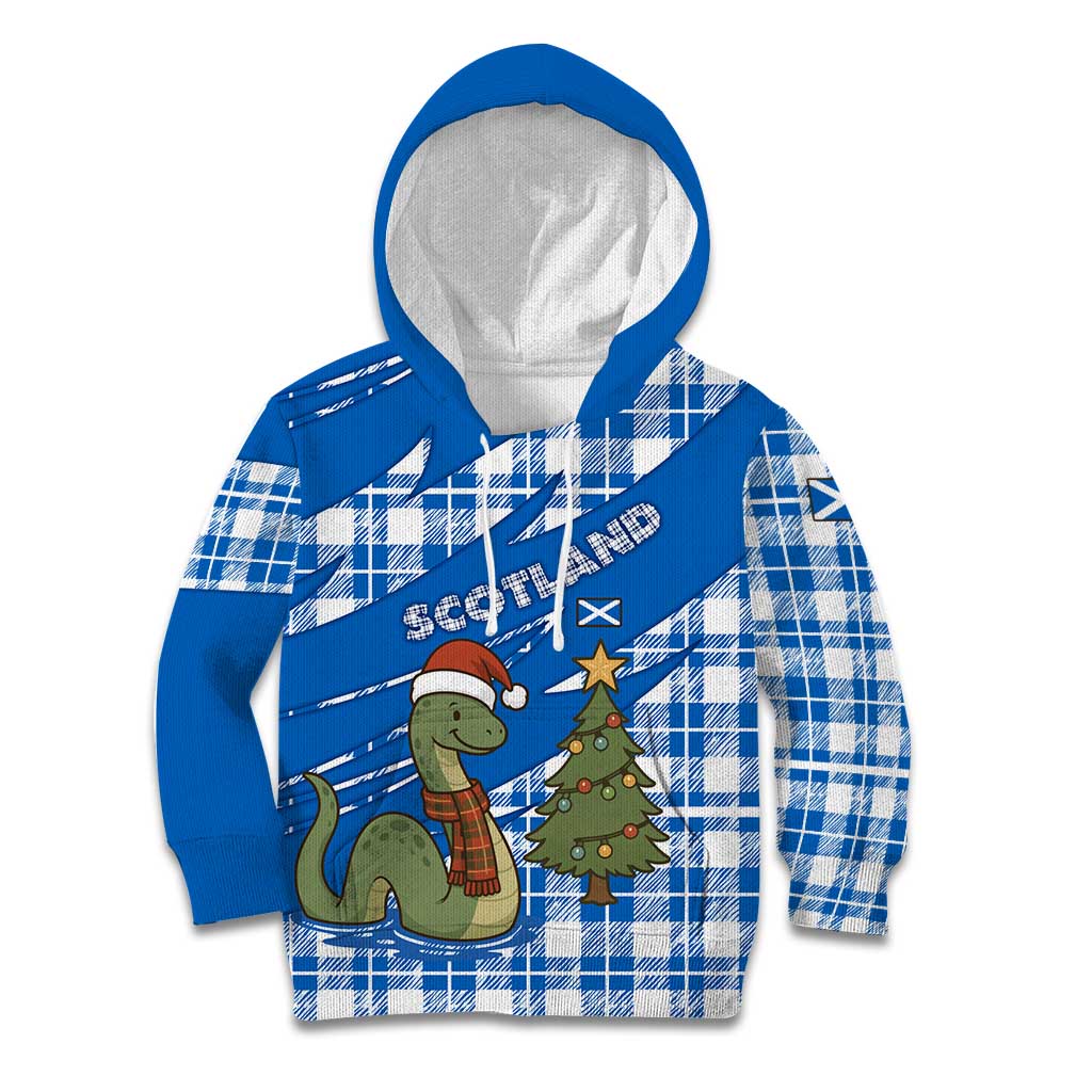 Scotland Christmas Kid Hoodie with Nessie Santa Hat and Blue Tartan Tree - Wonder Print Shop