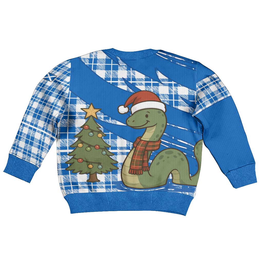 Scotland Christmas Kid Ugly Christmas Sweater with Nessie Santa Hat and Blue Tartan Tree - Wonder Print Shop