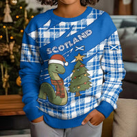 Scotland Christmas Kid Ugly Christmas Sweater with Nessie Santa Hat and Blue Tartan Tree - Wonder Print Shop