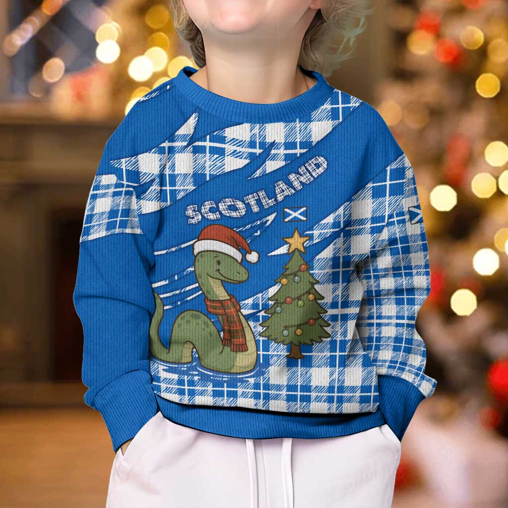 Scotland Christmas Kid Ugly Christmas Sweater with Nessie Santa Hat and Blue Tartan Tree - Wonder Print Shop