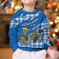 Scotland Christmas Kid Ugly Christmas Sweater with Nessie Santa Hat and Blue Tartan Tree - Wonder Print Shop