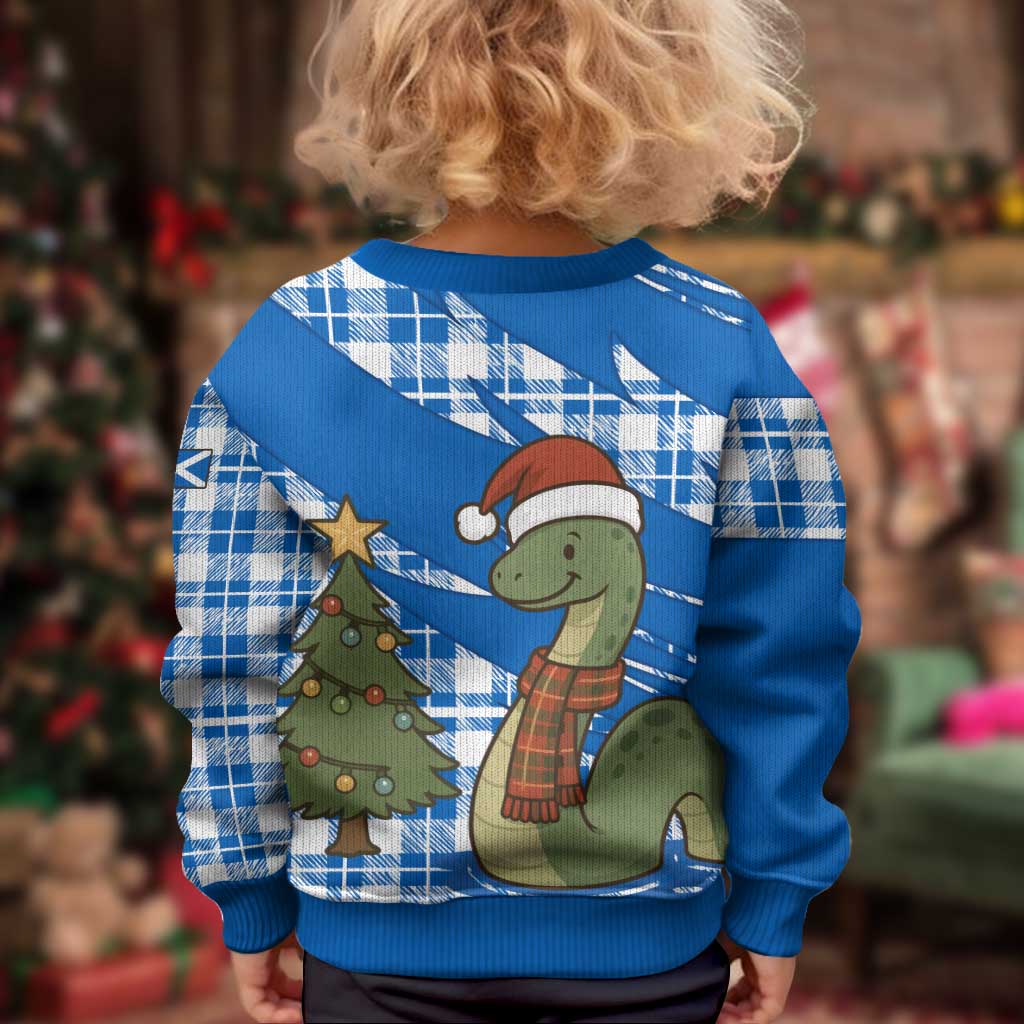Scotland Christmas Kid Ugly Christmas Sweater with Nessie Santa Hat and Blue Tartan Tree - Wonder Print Shop