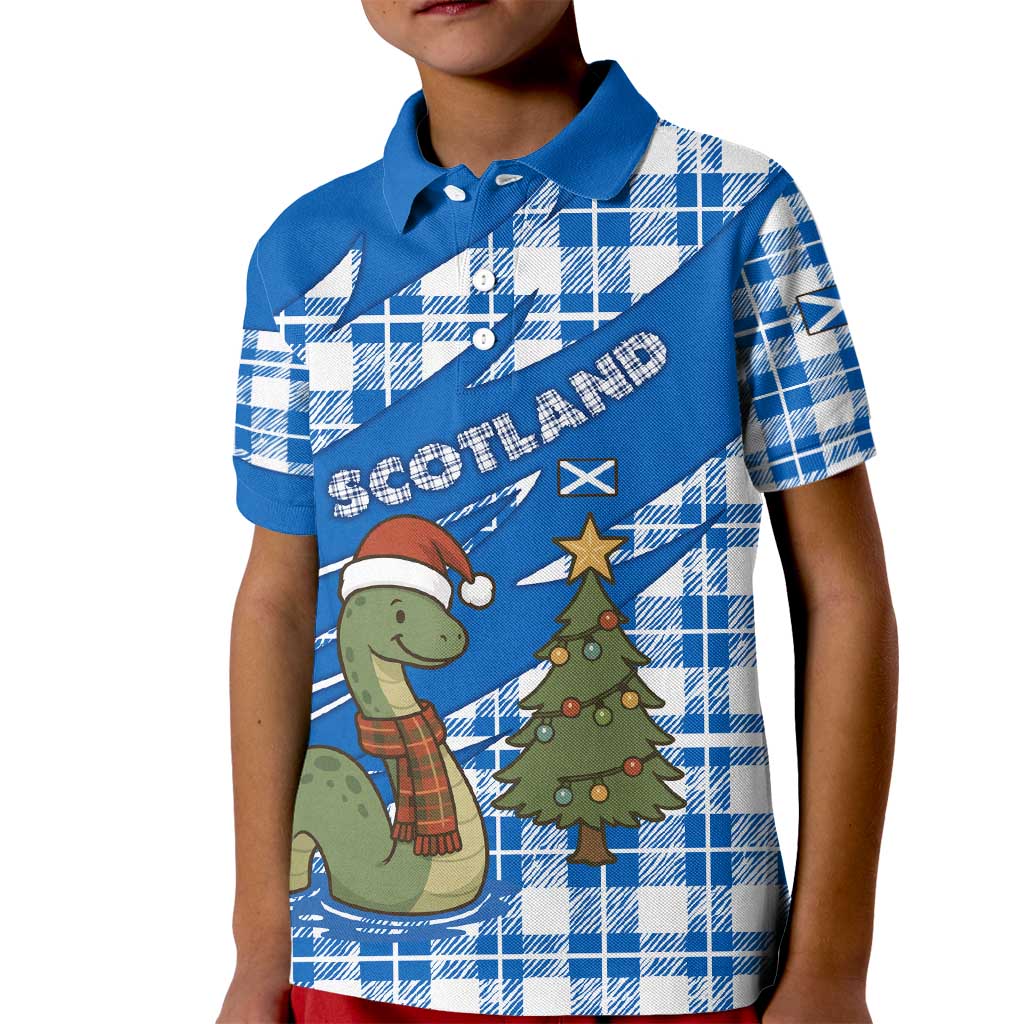 Scotland Christmas Kid Polo Shirt with Nessie Santa Hat and Blue Tartan Tree - Wonder Print Shop