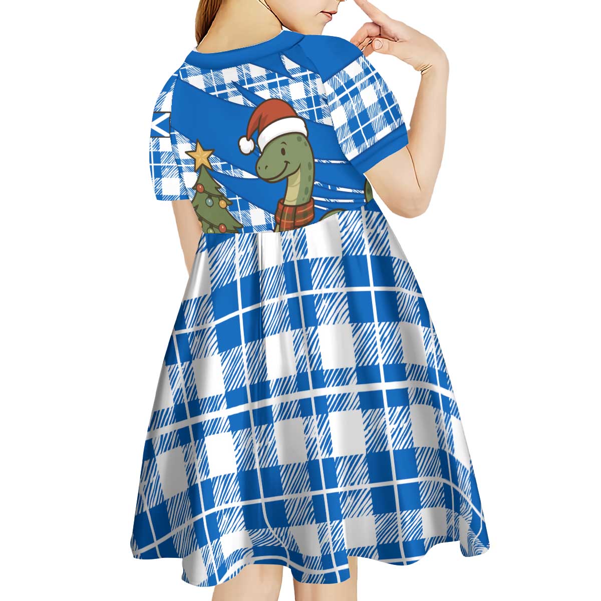 Scotland Christmas Kid Short Sleeve Dress with Nessie Santa Hat and Blue Tartan Tree - Wonder Print Shop