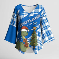 Scotland Christmas Kimono Sleeve Blouse with Nessie Santa Hat and Blue Tartan Tree - Wonder Print Shop