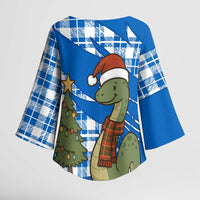 Scotland Christmas Kimono Sleeve Blouse with Nessie Santa Hat and Blue Tartan Tree - Wonder Print Shop
