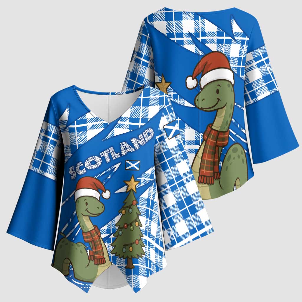 Scotland Christmas Kimono Sleeve Blouse with Nessie Santa Hat and Blue Tartan Tree - Wonder Print Shop