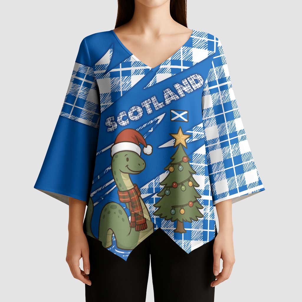 Scotland Christmas Kimono Sleeve Blouse with Nessie Santa Hat and Blue Tartan Tree - Wonder Print Shop