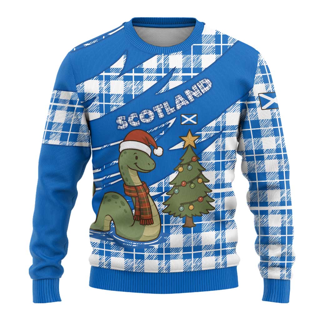 Scotland Christmas Ugly Christmas Sweater with Nessie Santa Hat and Blue Tartan Tree - Wonder Print Shop