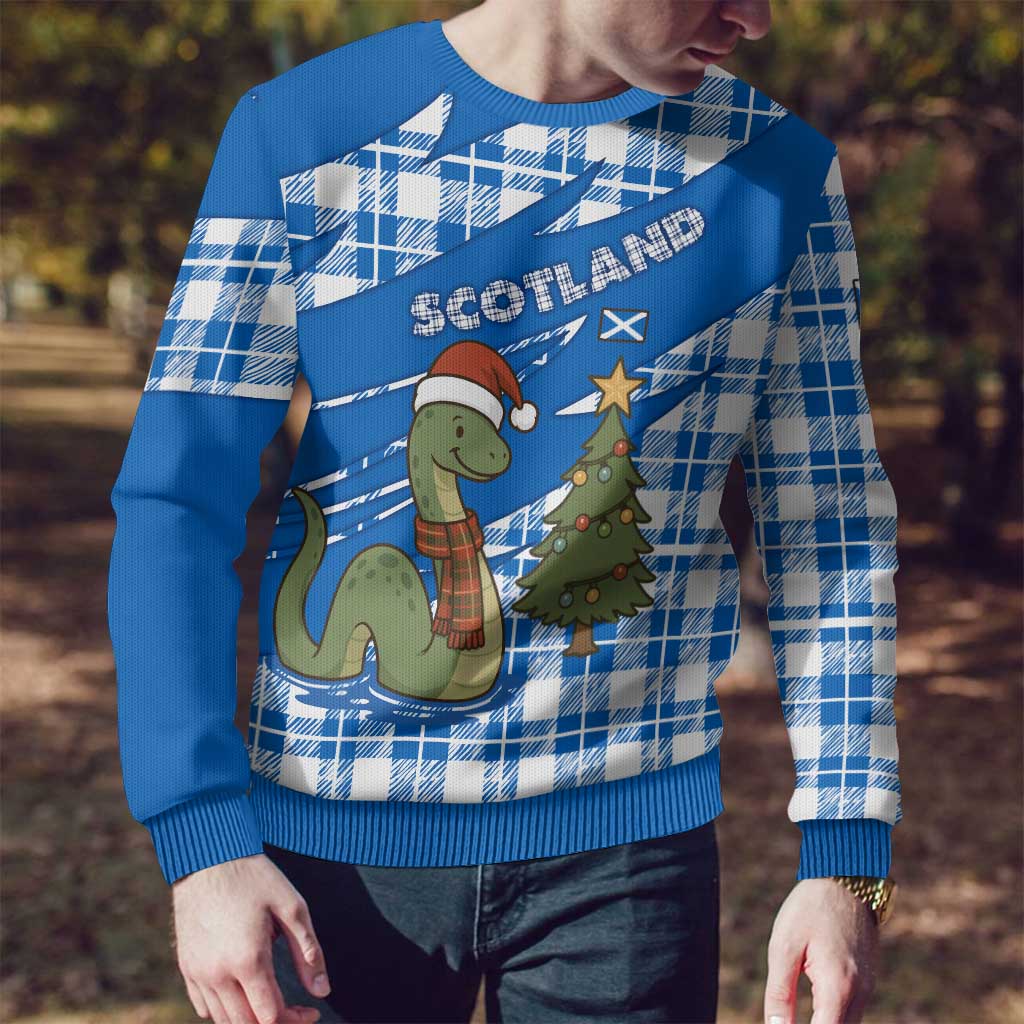 Scotland Christmas Ugly Christmas Sweater with Nessie Santa Hat and Blue Tartan Tree - Wonder Print Shop