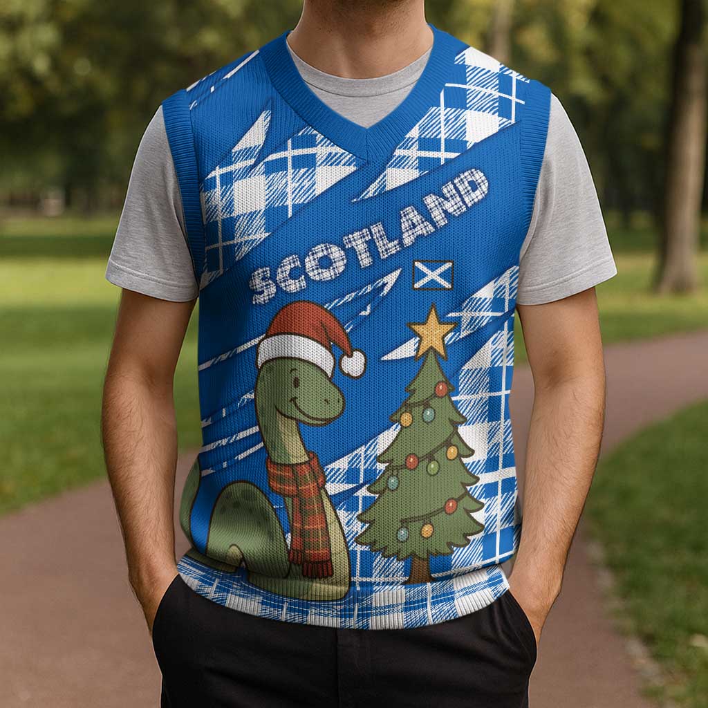 Scotland Christmas Knitted V-Neck Vest with Nessie Santa Hat and Blue Tartan Tree - Wonder Print Shop