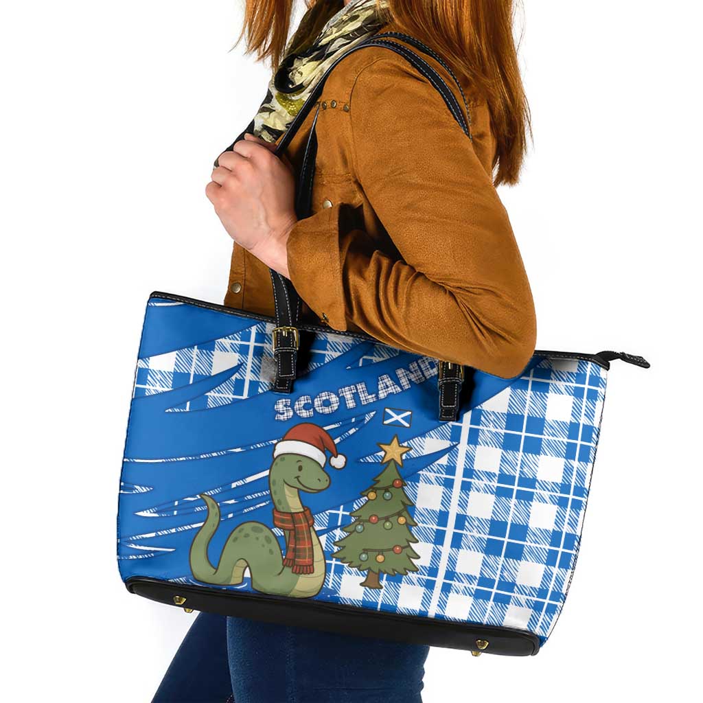 Scotland Christmas Leather Tote Bag with Nessie Santa Hat and Blue Tartan Tree - Wonder Print Shop