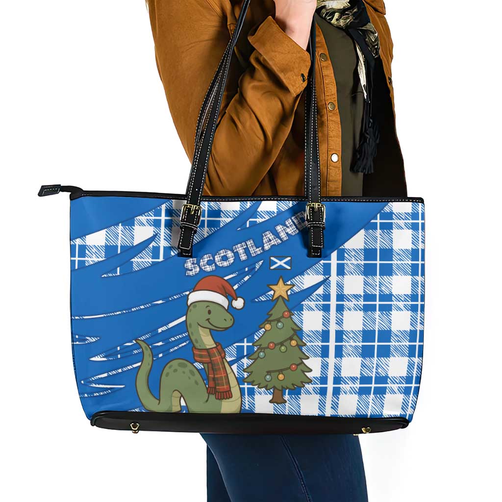 Scotland Christmas Leather Tote Bag with Nessie Santa Hat and Blue Tartan Tree - Wonder Print Shop