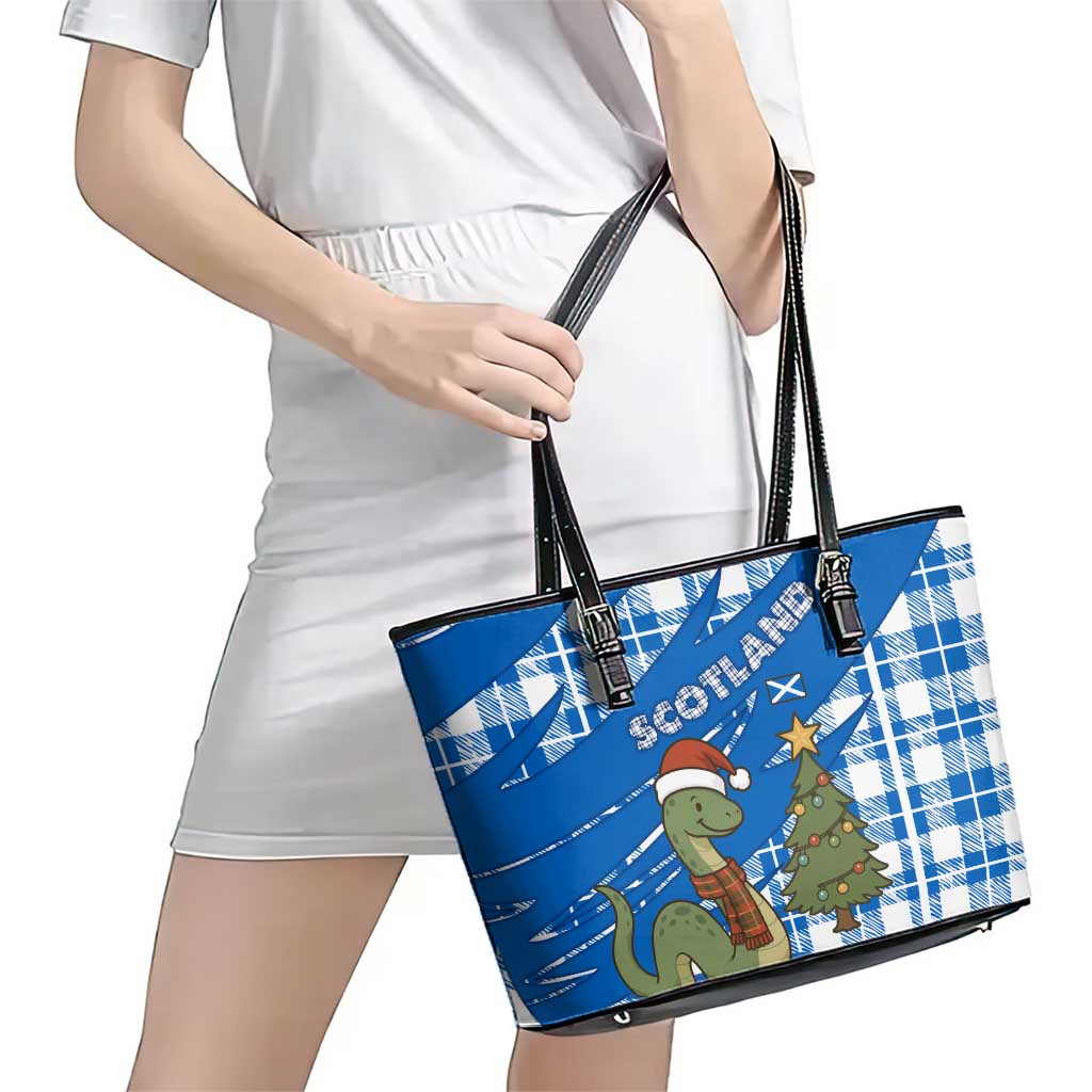 Scotland Christmas Leather Tote Bag with Nessie Santa Hat and Blue Tartan Tree - Wonder Print Shop