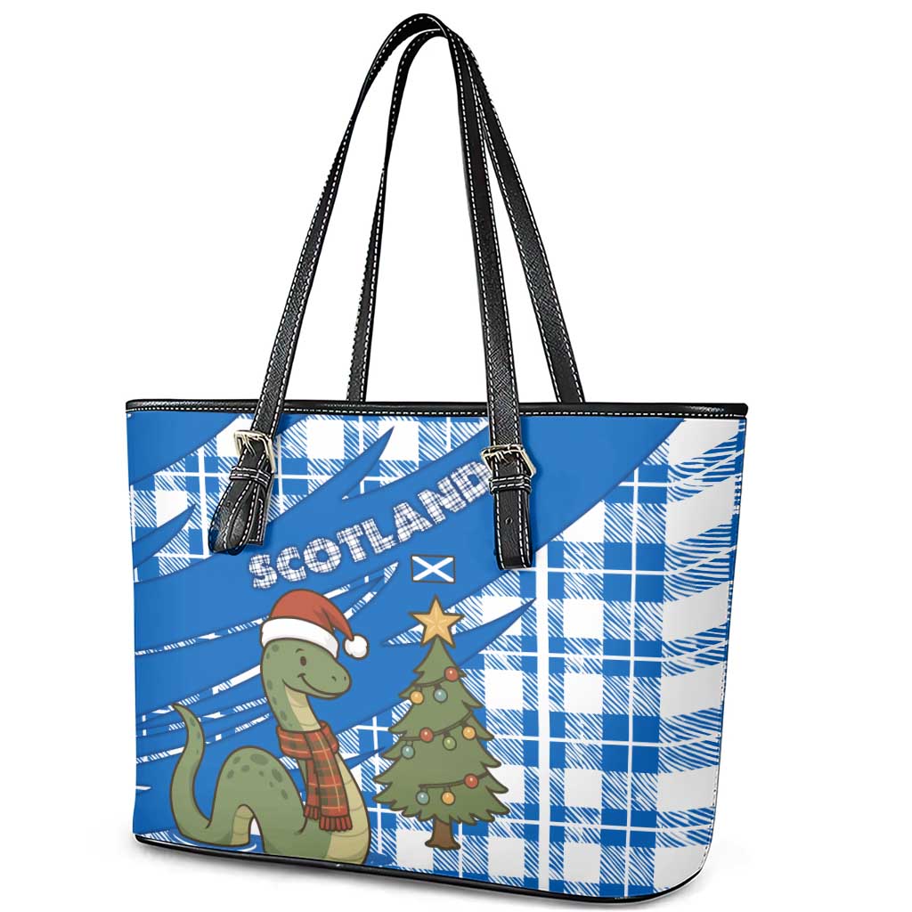 Scotland Christmas Leather Tote Bag with Nessie Santa Hat and Blue Tartan Tree - Wonder Print Shop