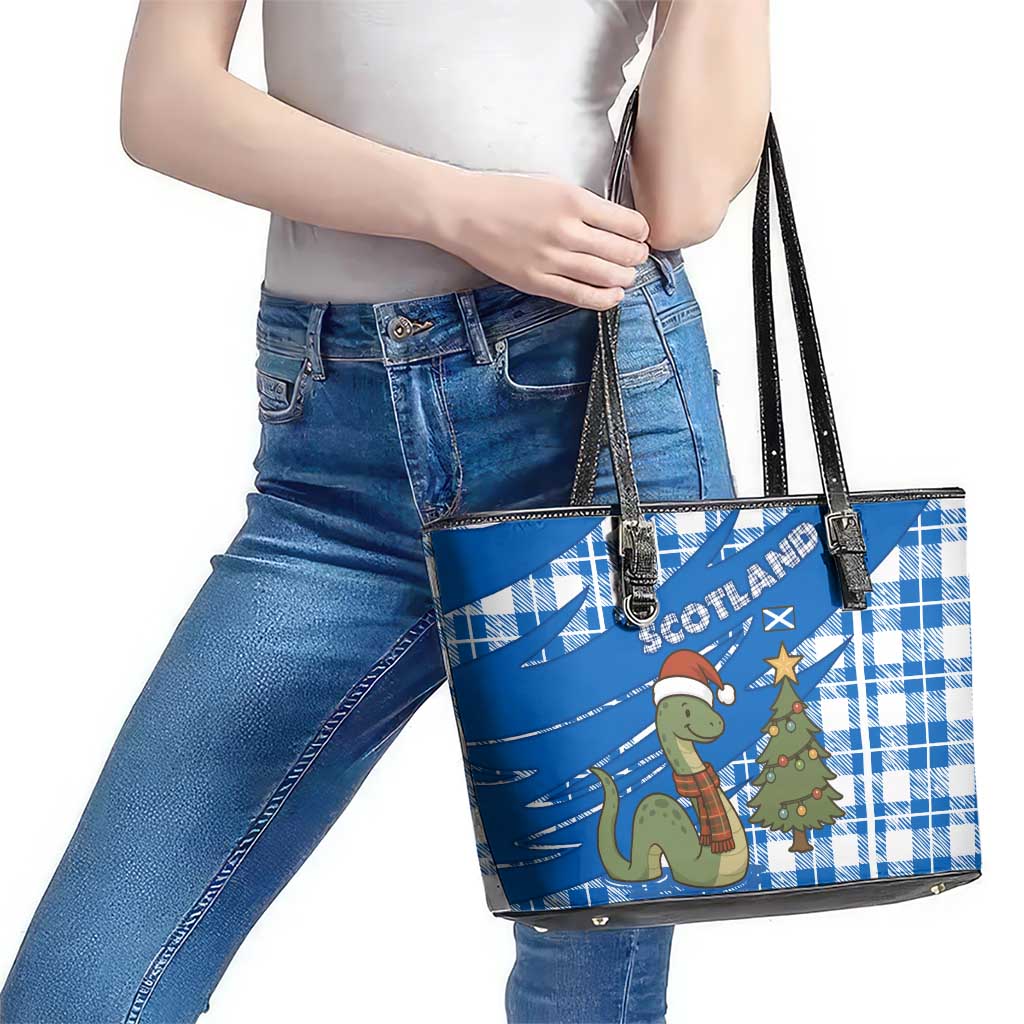 Scotland Christmas Leather Tote Bag with Nessie Santa Hat and Blue Tartan Tree - Wonder Print Shop