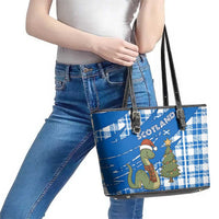 Scotland Christmas Leather Tote Bag with Nessie Santa Hat and Blue Tartan Tree - Wonder Print Shop