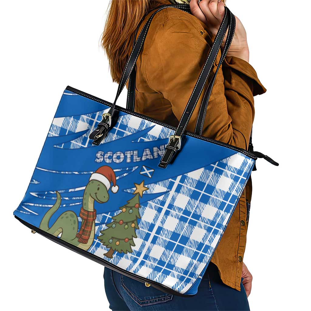 Scotland Christmas Leather Tote Bag with Nessie Santa Hat and Blue Tartan Tree - Wonder Print Shop