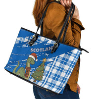 Scotland Christmas Leather Tote Bag with Nessie Santa Hat and Blue Tartan Tree - Wonder Print Shop