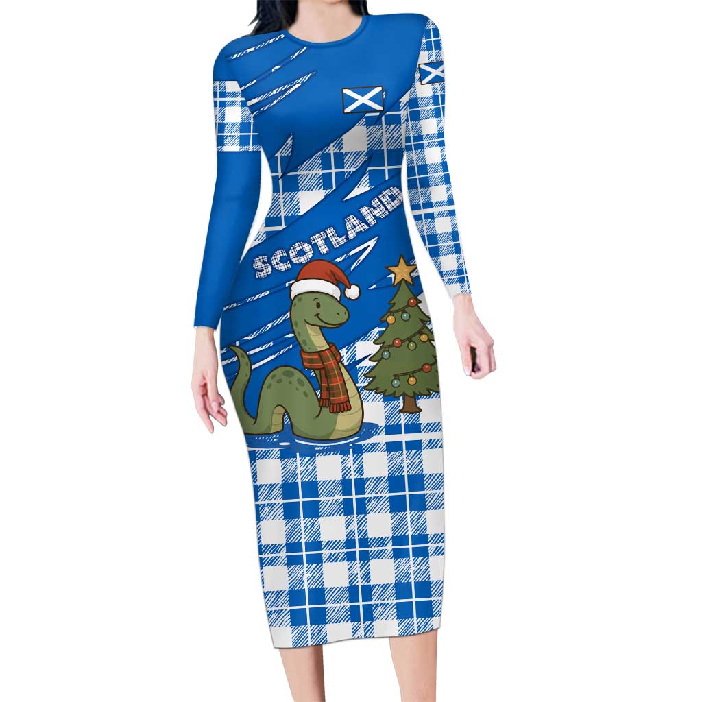 Scotland Christmas Long Sleeve Bodycon Dress with Nessie Santa Hat and Blue Tartan Tree - Wonder Print Shop