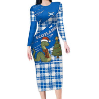 Scotland Christmas Long Sleeve Bodycon Dress with Nessie Santa Hat and Blue Tartan Tree - Wonder Print Shop