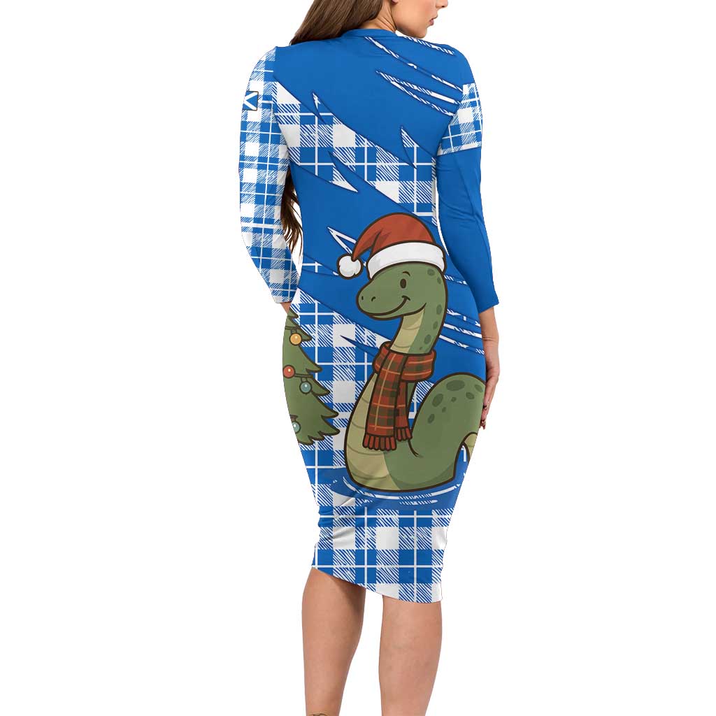 Scotland Christmas Long Sleeve Bodycon Dress with Nessie Santa Hat and Blue Tartan Tree - Wonder Print Shop