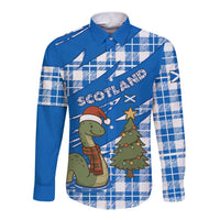 Scotland Christmas Long Sleeve Button Shirt with Nessie Santa Hat and Blue Tartan Tree - Wonder Print Shop