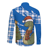 Scotland Christmas Long Sleeve Button Shirt with Nessie Santa Hat and Blue Tartan Tree - Wonder Print Shop