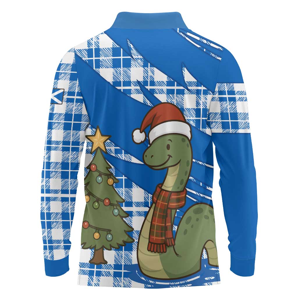 Scotland Christmas Long Sleeve Polo Shirt with Nessie Santa Hat and Blue Tartan Tree - Wonder Print Shop
