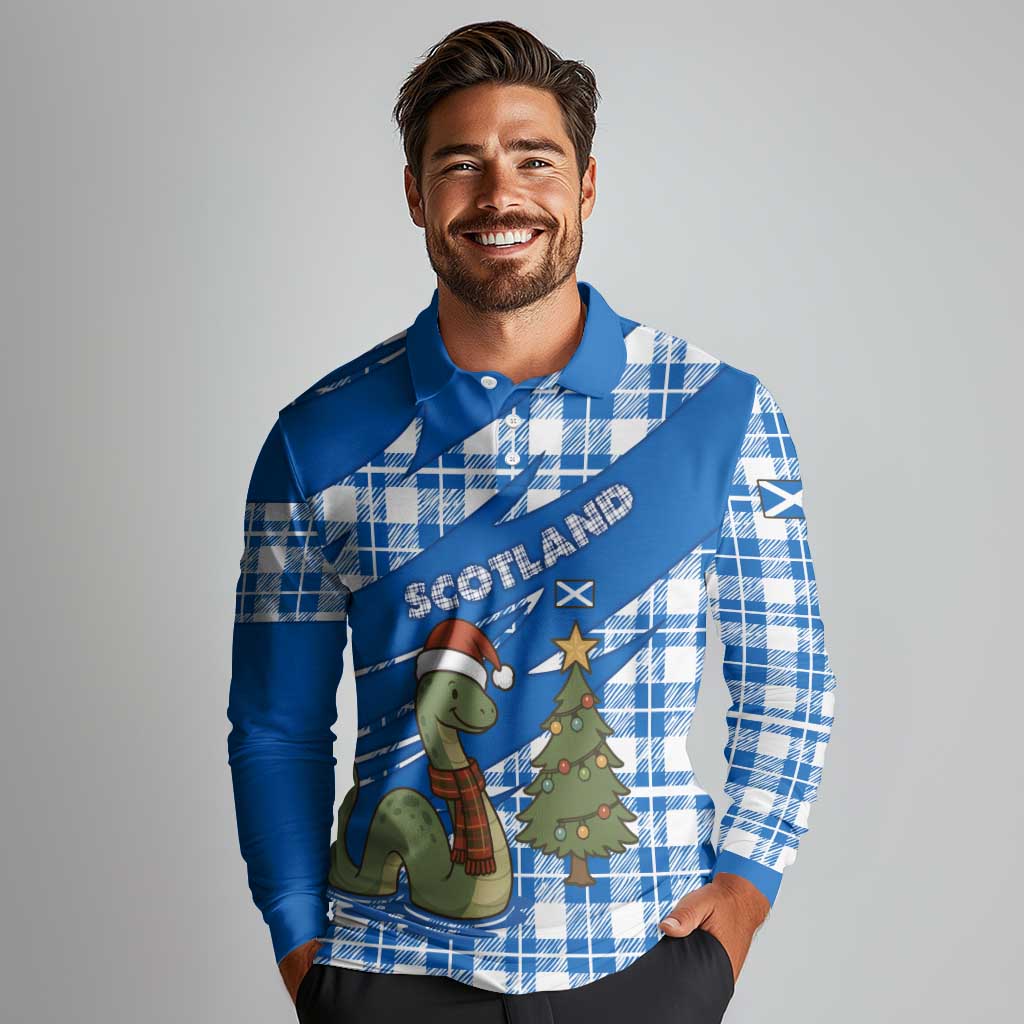 Scotland Christmas Long Sleeve Polo Shirt with Nessie Santa Hat and Blue Tartan Tree - Wonder Print Shop