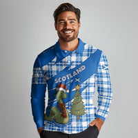 Scotland Christmas Long Sleeve Polo Shirt with Nessie Santa Hat and Blue Tartan Tree - Wonder Print Shop