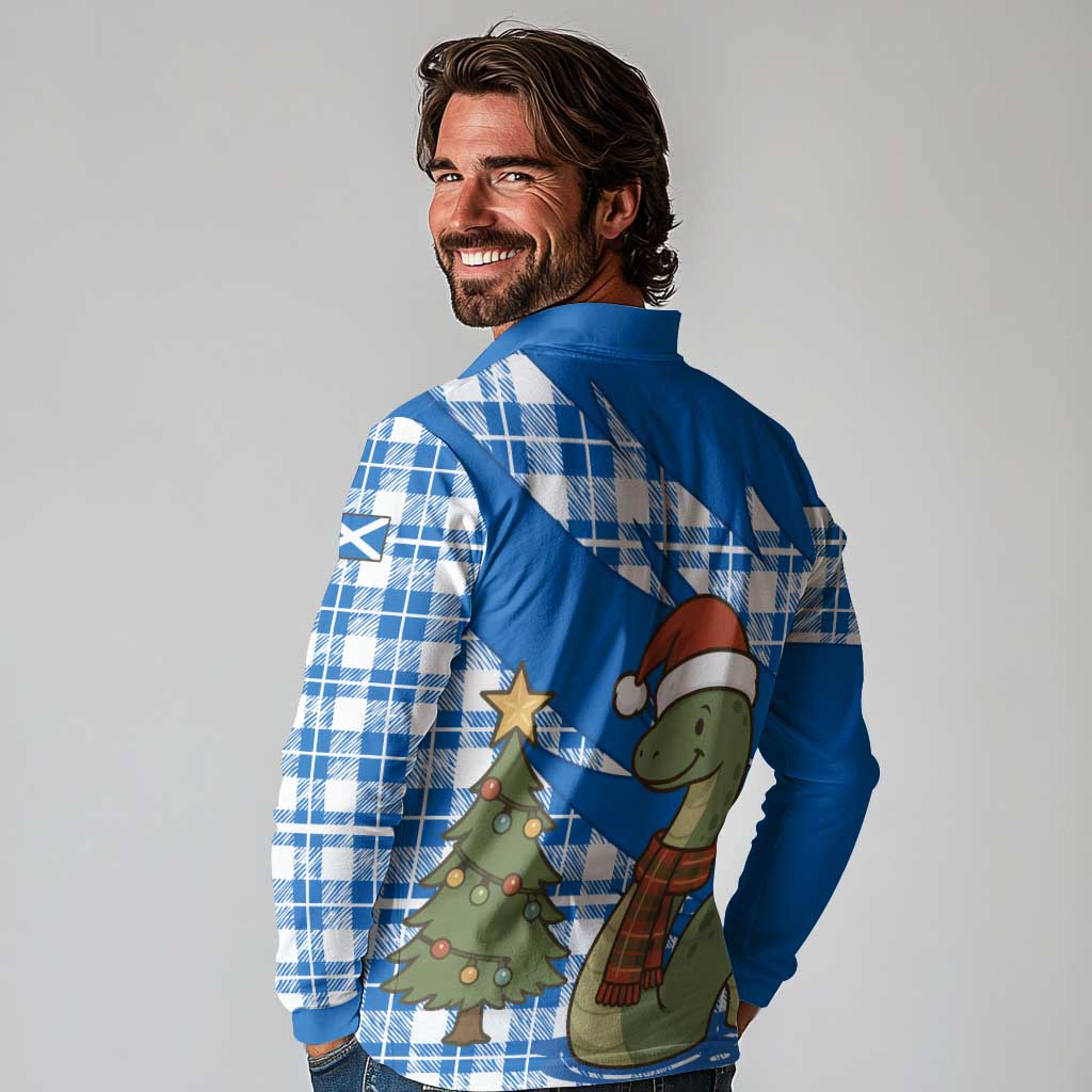 Scotland Christmas Long Sleeve Polo Shirt with Nessie Santa Hat and Blue Tartan Tree - Wonder Print Shop