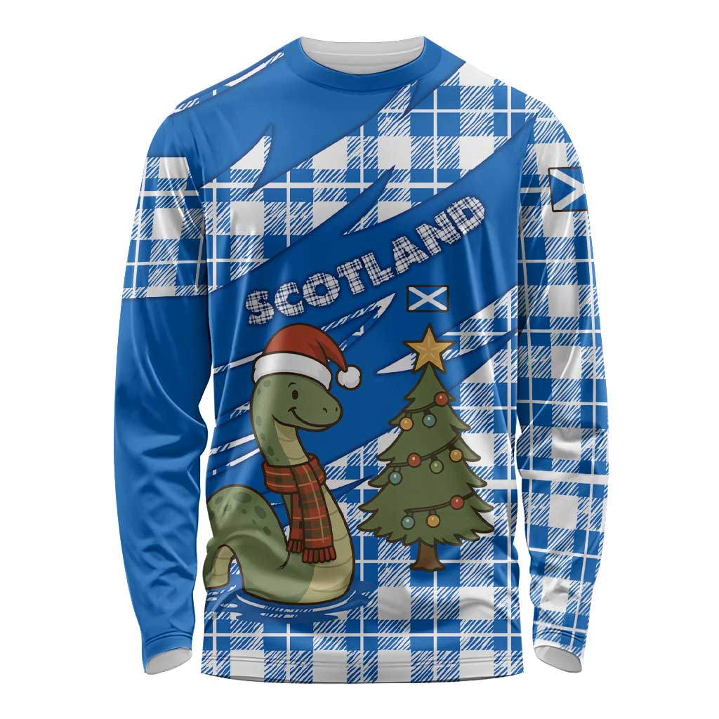 Scotland Christmas Long Sleeve Shirt with Nessie Santa Hat and Blue Tartan Tree - Wonder Print Shop