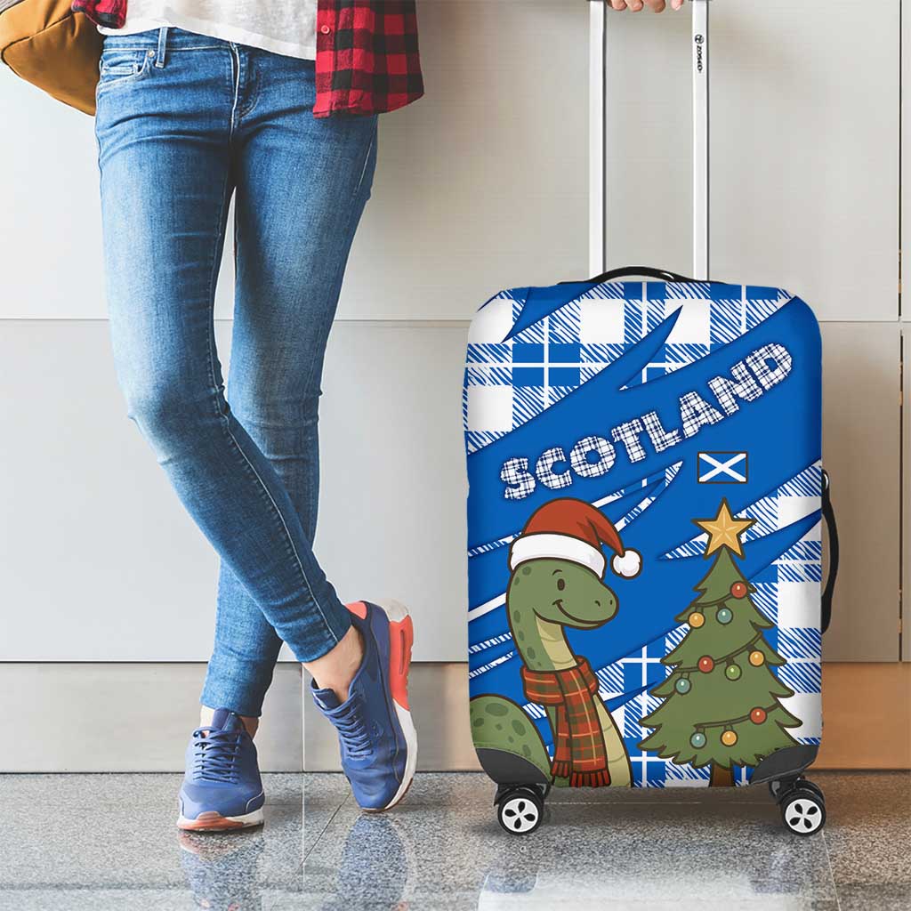 Scotland Christmas Luggage Cover with Nessie Santa Hat and Blue Tartan Tree - Wonder Print Shop