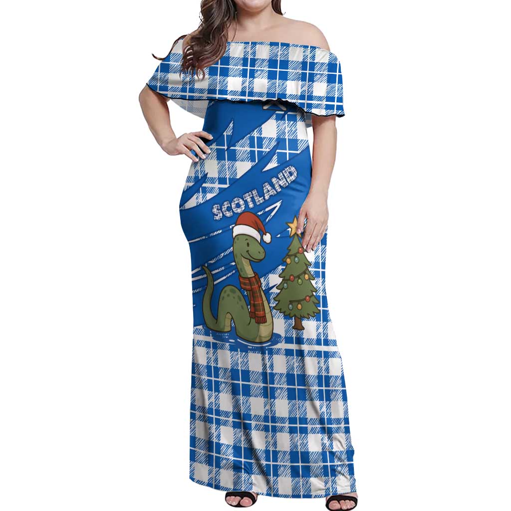 Scotland Christmas Off Shoulder Maxi Dress with Nessie Santa Hat and Blue Tartan Tree - Wonder Print Shop
