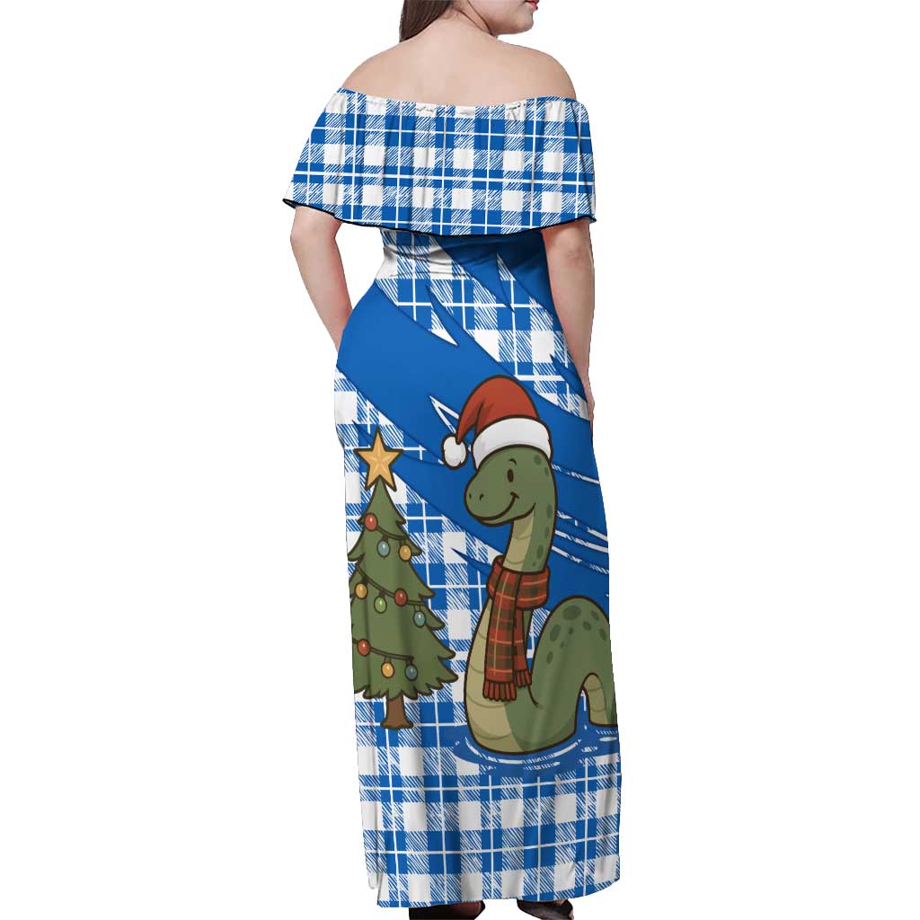 Scotland Christmas Off Shoulder Maxi Dress with Nessie Santa Hat and Blue Tartan Tree - Wonder Print Shop