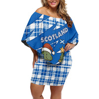 Scotland Christmas Off Shoulder Short Dress with Nessie Santa Hat and Blue Tartan Tree - Wonder Print Shop
