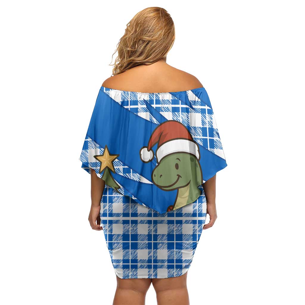 Scotland Christmas Off Shoulder Short Dress with Nessie Santa Hat and Blue Tartan Tree - Wonder Print Shop