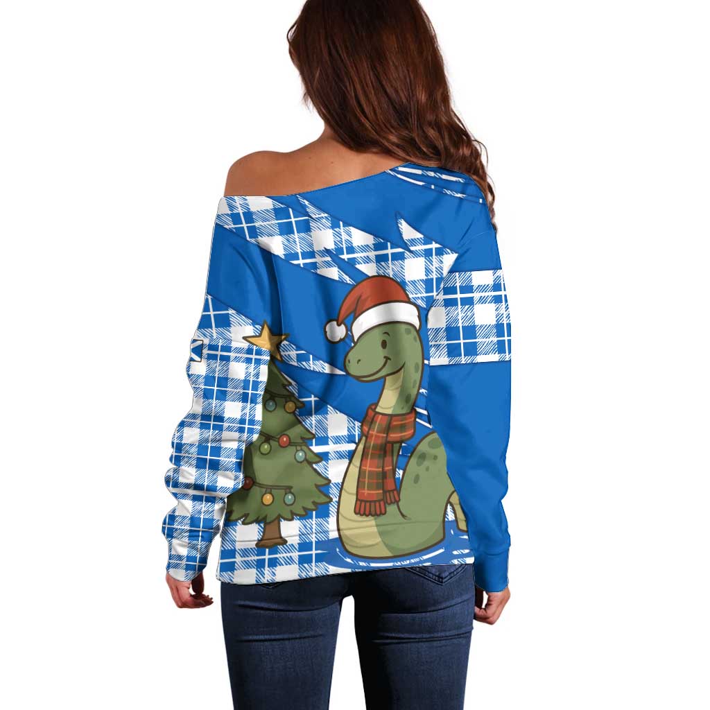 Scotland Christmas Off Shoulder Sweater with Nessie Santa Hat and Blue Tartan Tree - Wonder Print Shop