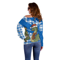 Scotland Christmas Off Shoulder Sweater with Nessie Santa Hat and Blue Tartan Tree - Wonder Print Shop