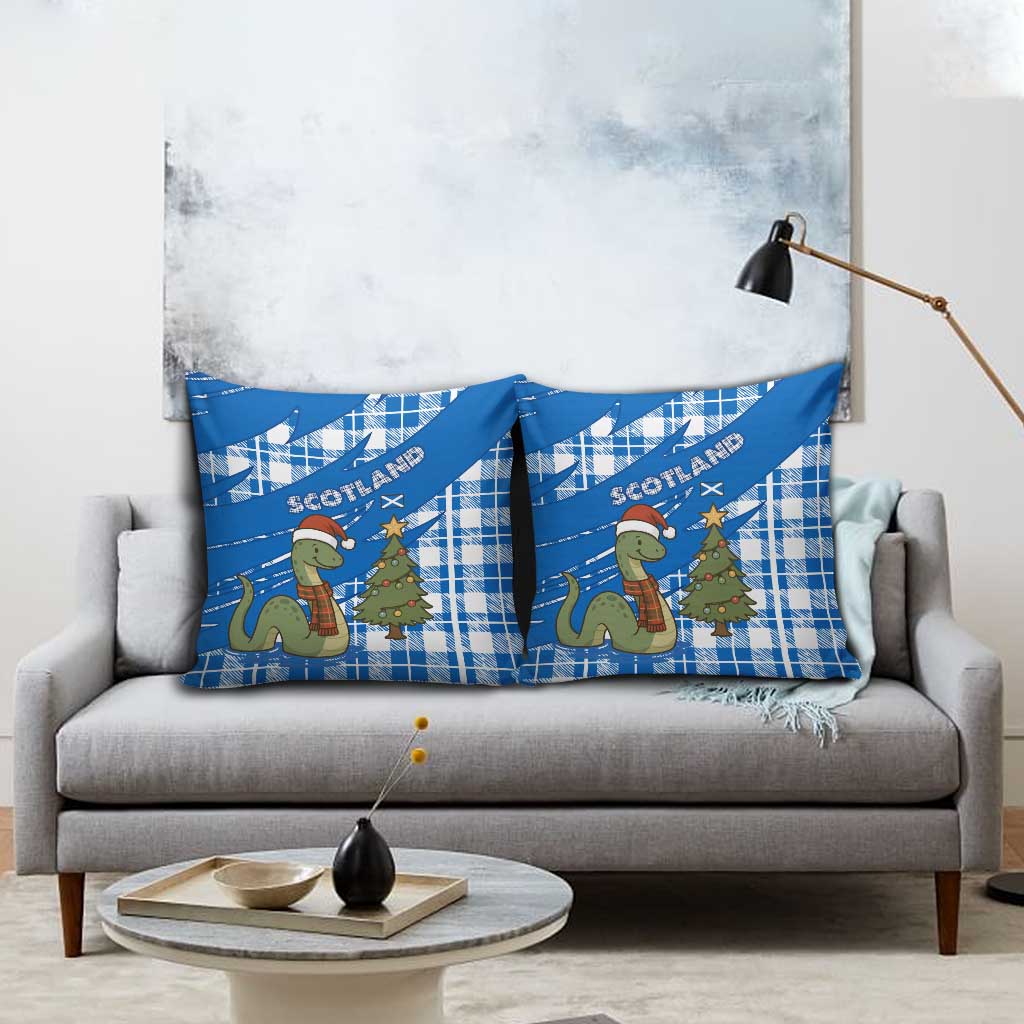 Scotland Christmas Pillow Cover with Nessie Santa Hat and Blue Tartan Tree - Wonder Print Shop