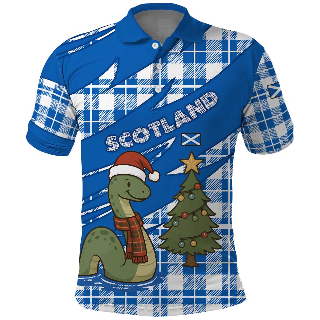 Scotland Christmas Polo Shirt with Nessie Santa Hat and Blue Tartan Tree - Wonder Print Shop