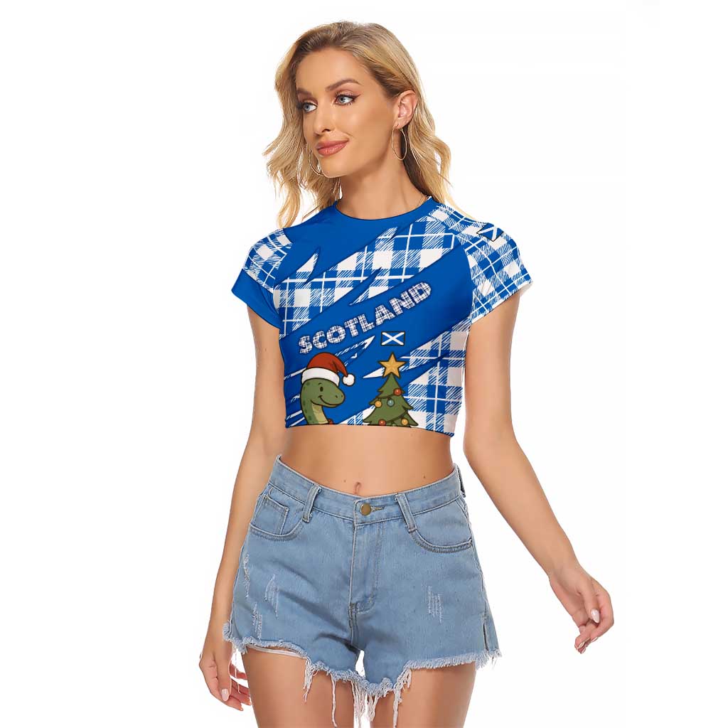 Scotland Christmas Raglan Cropped T Shirt with Nessie Santa Hat and Blue Tartan Tree - Wonder Print Shop