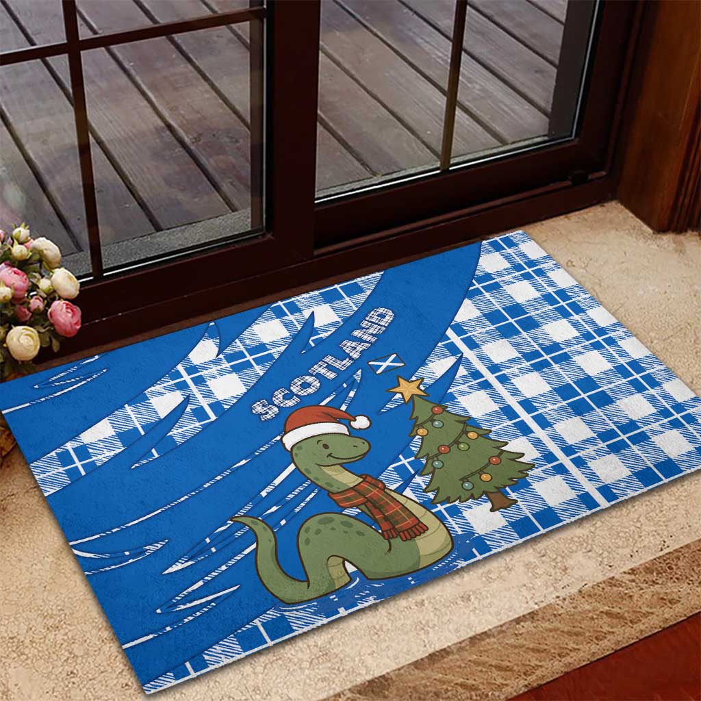 Scotland Christmas Rubber Doormat with Nessie Santa Hat and Blue Tartan Tree - Wonder Print Shop